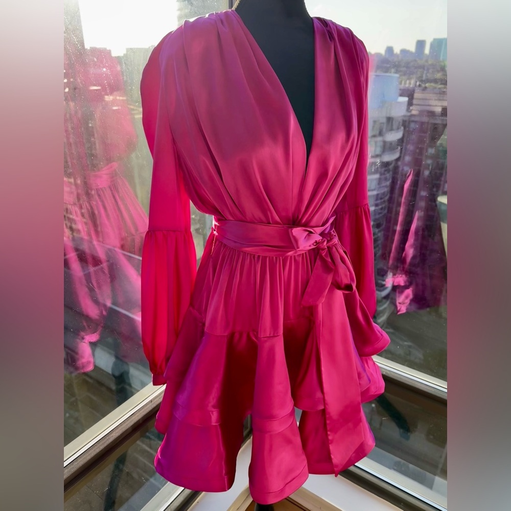 🆕 BRONX & BANCO 🧿 NWOT Bedouin V-Neck Ruffle Mini Dress, Pink Silk - Size L - Picture 12 of 15